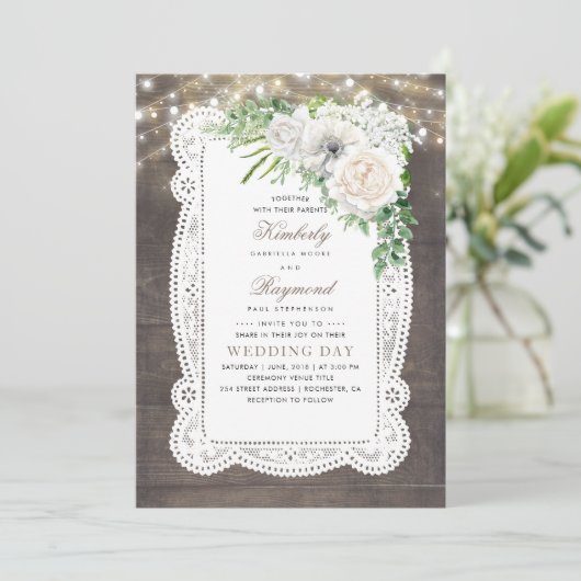 Rustisch land Chic Floral String Lights Wedding Kaart (Staand voorkant)