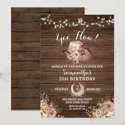 Rustisch Land Cowgirl Floral Birthday Uitnodiging (Voorkant / Achterkant)