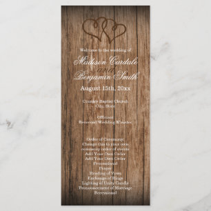 Rustisch Land Double Hearts Wood Wedding Program Programmakaart