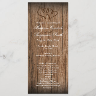 Rustisch Land Double Hearts Wood Wedding Program Programmakaart