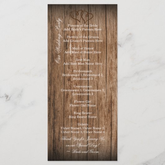 Rustisch Land Double Hearts Wood Wedding Program Programmakaart (Achterkant)