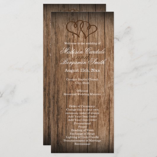 Rustisch Land Double Hearts Wood Wedding Program Programmakaart (Voorkant / Achterkant)