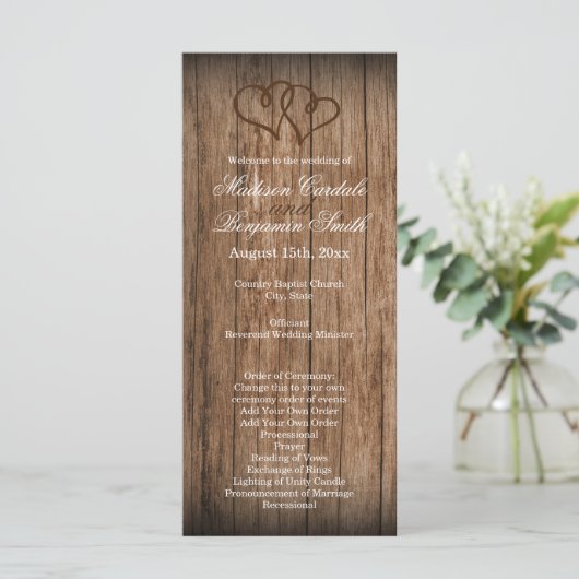 Rustisch Land Double Hearts Wood Wedding Program Programmakaart (Staand voorkant)