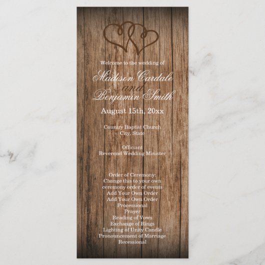 Rustisch Land Double Hearts Wood Wedding Program Programmakaart (Voorkant)