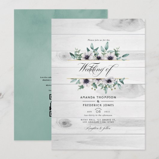 Rustisch land Eucalyptus Anemone QR Code Weddensch Kaart (Voorkant / Achterkant)