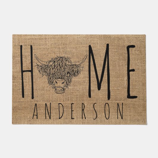 Rustisch Land Faux Burlap Cute Longhorn Koe Head Deurmat (Voorkant)