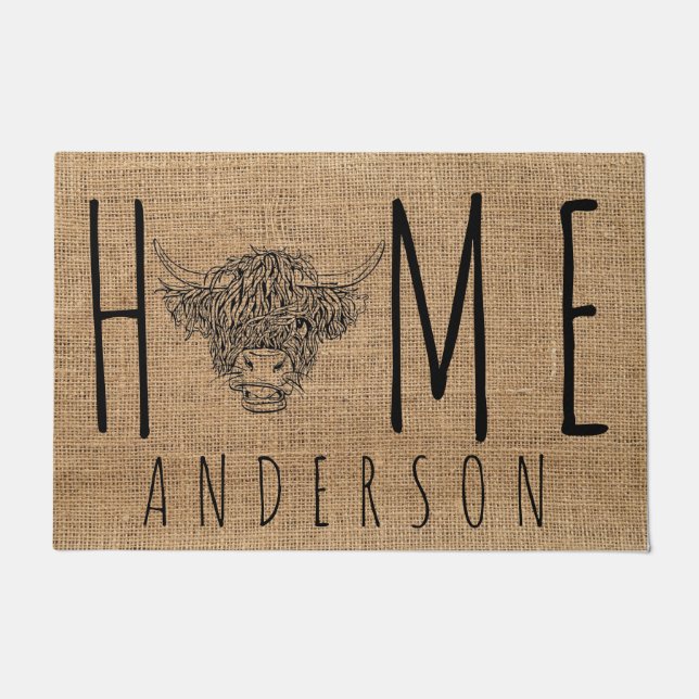 Rustisch Land Faux Burlap Cute Longhorn Koe Head Deurmat (Voorkant)