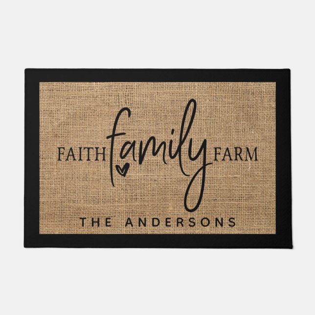 Rustisch land Faux Burlap Faith Family Boerderij Deurmat (Voorkant)