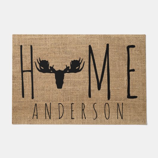 Rustisch Land Faux Burlap Moose Familienaam Deurmat (Voorkant)