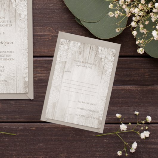 Rustisch land Faux Lace Barn Wood Wedding RSVP Kaartje