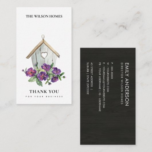 RUSTISCH LAND FLORAL BIRD HOUSE DANK U REALTOR VISITEKAARTJE (Voorkant / Achterkant)