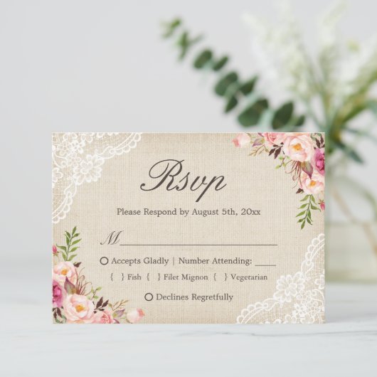Rustisch land Floral Lace Burlap Meal Choice RSVP (Staand voorkant)