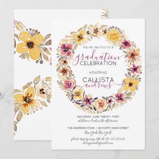 Rustisch land Floral Wreated Waterverf Afstuderen Kaart (Voorkant / Achterkant)