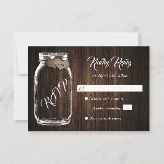 Rustisch Land Hood Heart Mason Jar Wedding RSVP Kaartje (Voorkant)