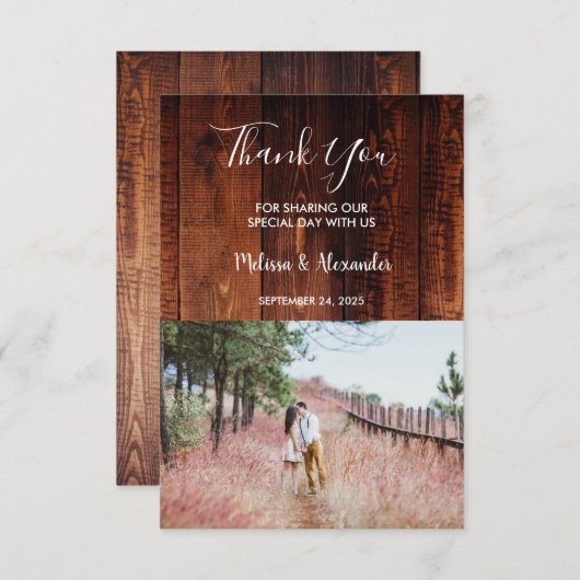 Rustisch land, hout in schuur Dank je foto bruilof Kaart (Voorkant / Achterkant)