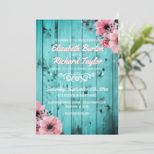 Rustisch Land Hout Pink Floral Boho Blauwgroen bru Kaart (Staand voorkant)