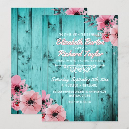 Rustisch Land Hout Pink Floral Boho Blauwgroen bru Kaart (Voorkant / Achterkant)
