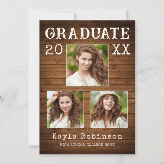 Rustisch Land Houten Plank 3 Foto Afstuderen Aankondiging (Voorkant)