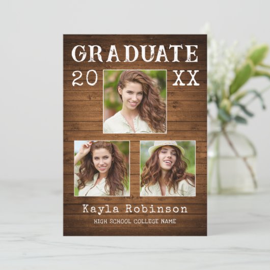 Rustisch Land Houten Plank 3 Foto Afstuderen Aankondiging (Staand voorkant)