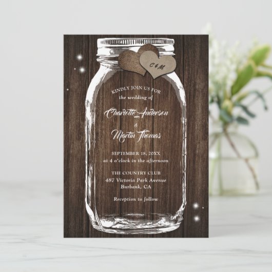 Rustisch land houthakker Hart Mason Jar Wedding Kaart (Staand voorkant)