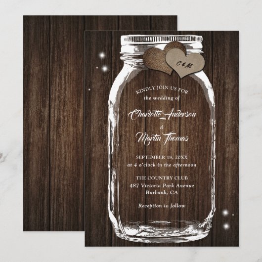 Rustisch land houthakker Hart Mason Jar Wedding Kaart (Voorkant / Achterkant)