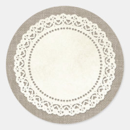 Rustisch land Lace Doily on Natural Brown Burlap Ronde Sticker