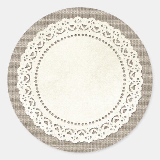 Rustisch land Lace Doily on Natural Brown Burlap Ronde Sticker (Voorkant)