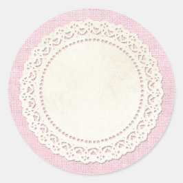 Rustisch land Lace Doily on Shabby Pink Burlap Ronde Sticker