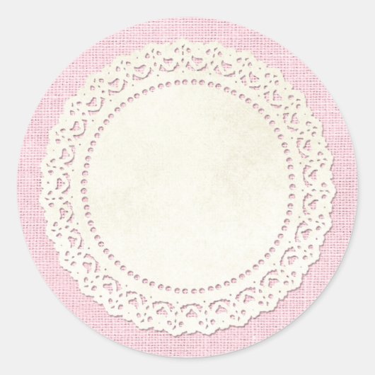 Rustisch land Lace Doily on Shabby Pink Burlap Ronde Sticker (Voorkant)
