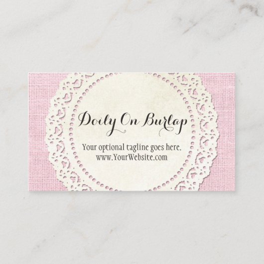 Rustisch land Lace Doily on Shabby Pink Burlap Visitekaartje (Achterkant)