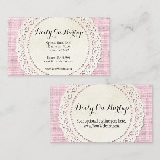 Rustisch land Lace Doily on Shabby Pink Burlap Visitekaartje (Voorkant / Achterkant)
