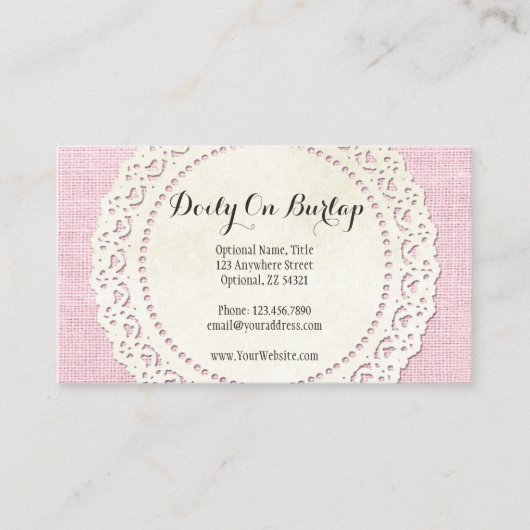 Rustisch land Lace Doily on Shabby Pink Burlap Visitekaartje (Voorkant)