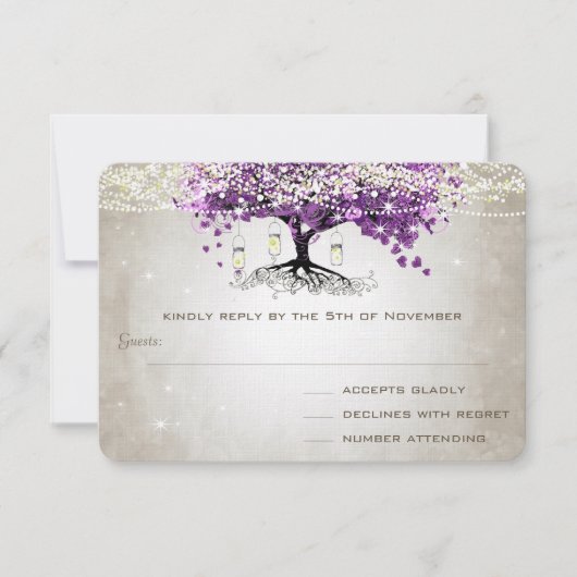 Rustisch land Luxe Paarse Heart Leaf Wedding RSVP Kaartje (Voorkant)