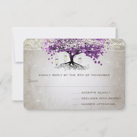 Rustisch land Luxe Paarse Heart Leaf Wedding RSVP Kaartje (Voorkant)
