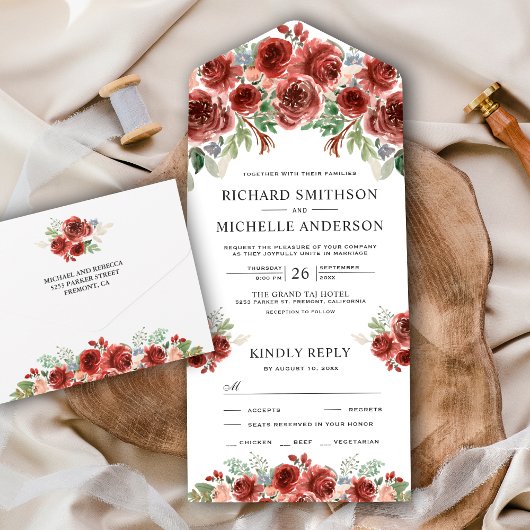 Rustisch land Marsala Floral Bloom Wedding All In One Uitnodiging