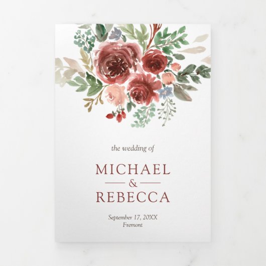 Rustisch land Marsala Floral Wedding Drieluik Uitnodiging (Cover)