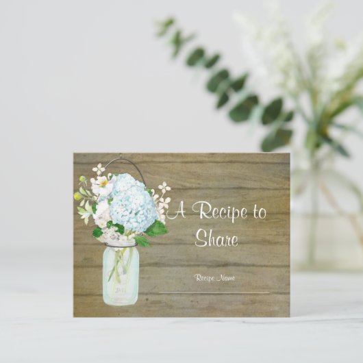 Rustisch land Mason Jar Blush Blue Hydrangeas Briefkaart (Staand voorkant)