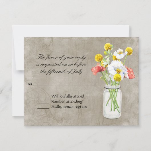 Rustisch land Mason Jar Bouquet Crackle Swirls RSVP Kaartje (Voorkant)