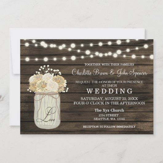 Rustisch land Mason Jar Daisy Barn Wood Weddenscha Kaart (Voorkant)