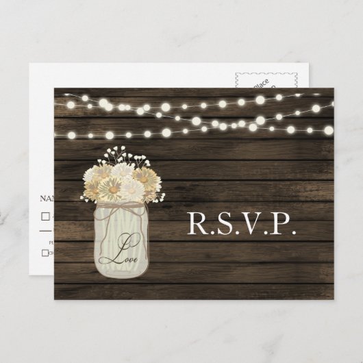 Rustisch land Mason Jar Daisy Barn Wood Weddenscha Uitnodiging Briefkaart (Voorkant / Achterkant)