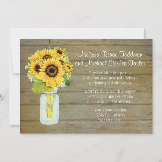 Rustisch land Mason Jar Flowers Sunflower Hanging Kaart (Voorkant)