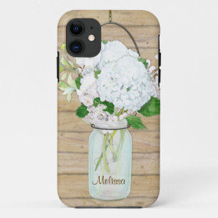 Rustisch land Mason Jar Flowers White Hydrangeas iPhone 11 Hoesje