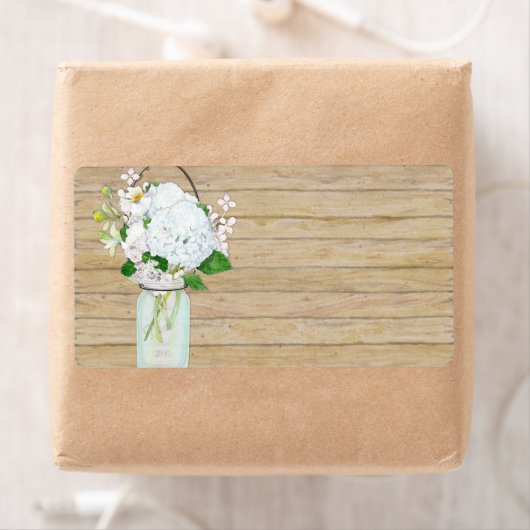 Rustisch land Mason Jar Flowers White Hydrangeas Etiket (Insitu)