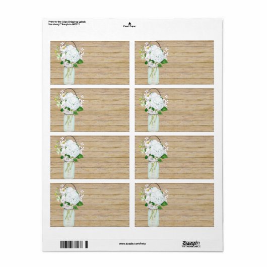 Rustisch land Mason Jar Flowers White Hydrangeas Etiket (Full Sheet)