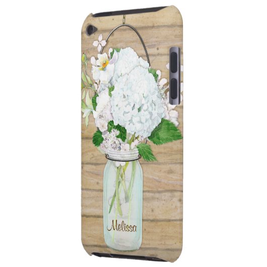 Rustisch land Mason Jar Flowers White Hydrangeas iPod Touch Hoesje (Achterkant Links)