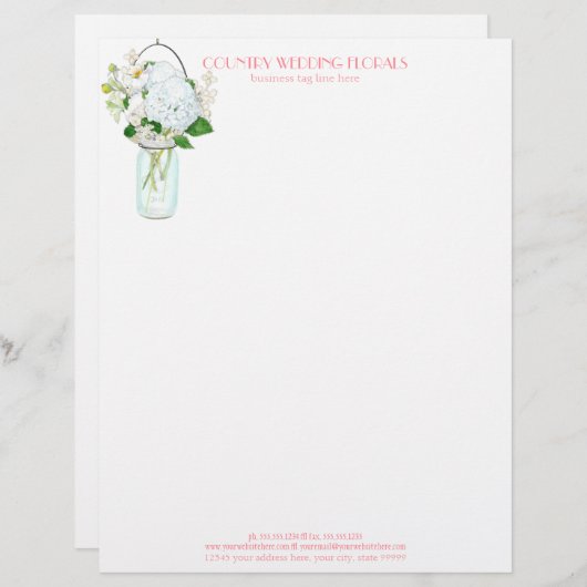Rustisch land Mason Jar Flowers White Hydrangeas Persoonlijk Briefhoofd (Voorkant / Achterkant)