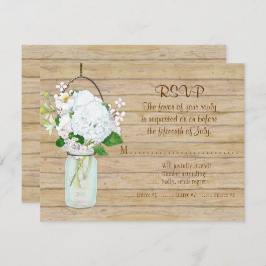 Rustisch land Mason Jar Flowers White Hydrangeas RSVP Kaartje (Voorkant / Achterkant)