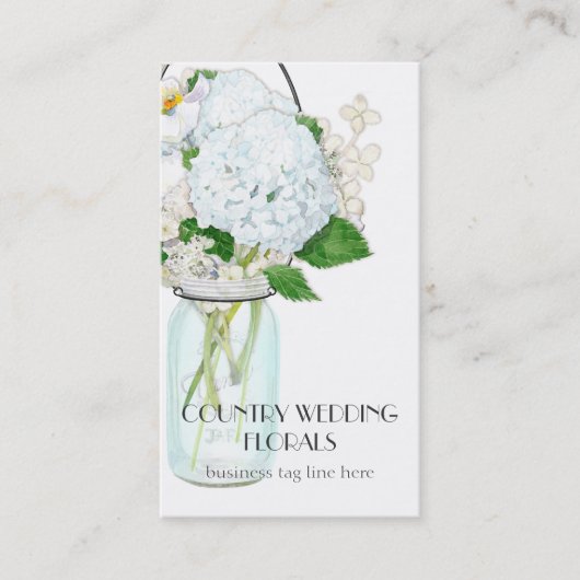 Rustisch land Mason Jar Flowers White Hydrangeas Visitekaartje (Voorkant)