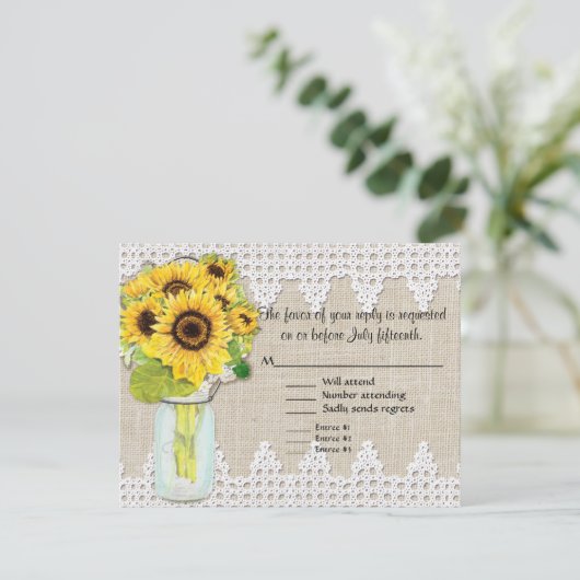 Rustisch land Mason Jar Flowers - Zonnebloemkant RSVP Kaartje (Staand voorkant)