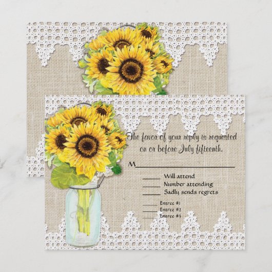 Rustisch land Mason Jar Flowers - Zonnebloemkant RSVP Kaartje (Voorkant / Achterkant)